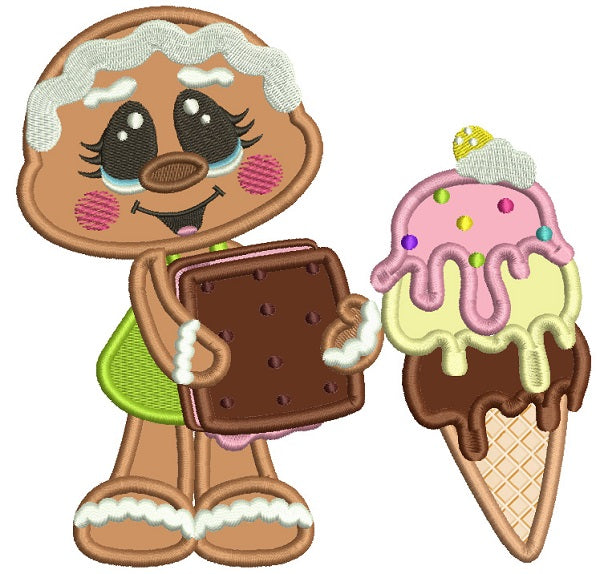 Gingerbread Girl Holding Ice Cream Applique Machine Embroidery Digitized Design Pattern