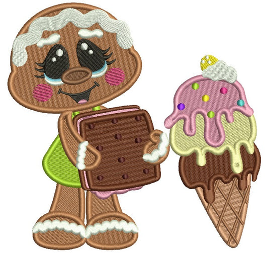 Gingerbread Girl Holding Ice Cream Filled Machine Embroidery Digitized Design Pattern