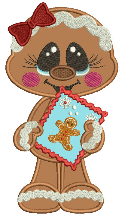 Gingerbread Girl Holding a Book Christmas Applique Machine Embroidery Design Digitized Pattern