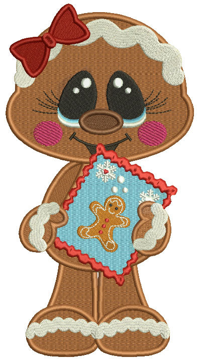 Gingerbread Girl Holding a Book Christmas Filled Machine Embroidery Design Digitized Pattern