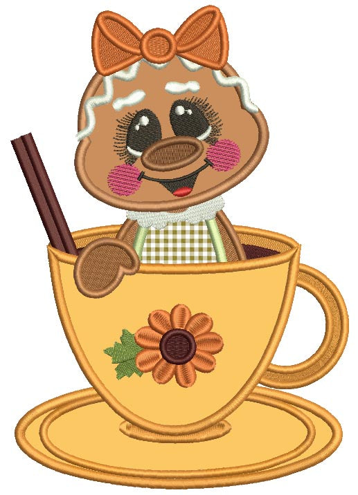 Gingerbread Girl Sitting In the Cup Fall Thanksgiving Applique Machine Embroidery Design Digitized Pattern