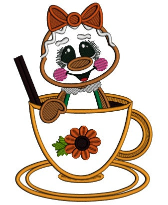 Gingerbread Girl Sitting In the Cup Fall Thanksgiving Applique Machine Embroidery Design Digitized Pattern