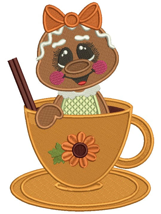 Gingerbread Girl Sitting In the Cup Fall Thanksgiving Filled Machine Embroidery Design Digitized Pattern