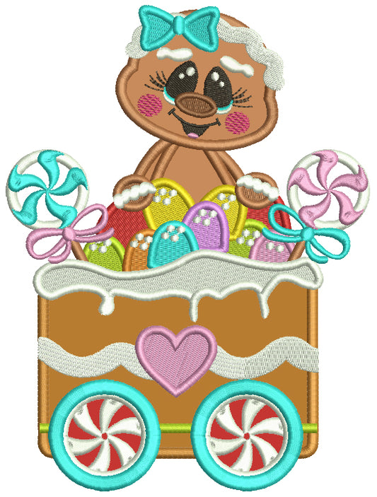Gingerbread Girl Sitting Inside a Christmas Wagon Applique Christmas Machine Embroidery Design Digitized Pattern