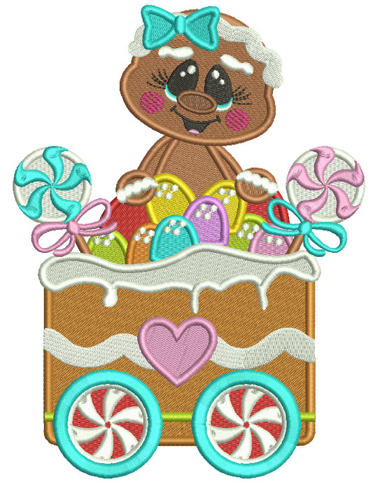 Gingerbread Girl Sitting Inside a Christmas Wagon Filled Christmas Machine Embroidery Design Digitized Pattern