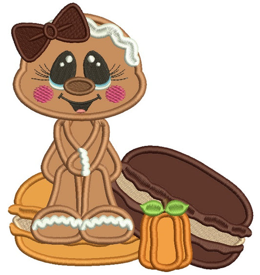 Gingerbread Girl Sitting on a Donut Fall Applique Thanksgiving Machine Embroidery Design Digitized Pattern
