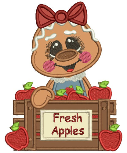 Gingerbread Girl With Fresh Apples Fall Applique Thanksgiving Machine Embroidery Design Digitized Pattern