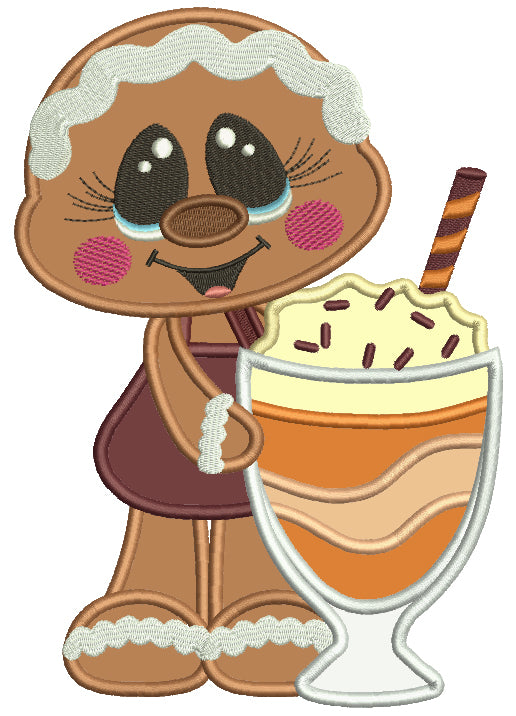 Gingerbread Girl With Hot Cup of Cocco Fall Applique Machine Embroidery Design Digitized Pattern
