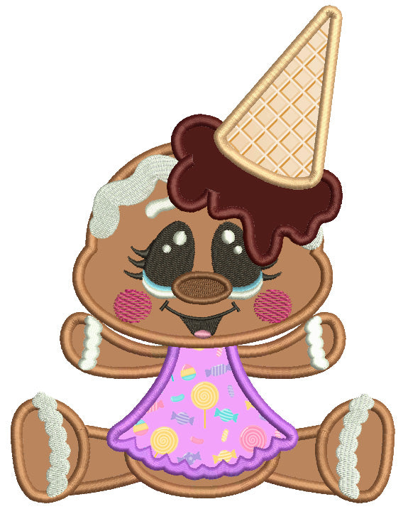 Gingerbread Girl With Ice Cream Cone On Her Head Applique Machine Embroidery Digitized Design Pattern