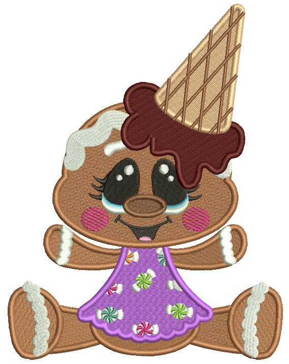 Gingerbread Girl With Ice Cream Cone On Her Head Filled Machine Embroidery Digitized Design Pattern