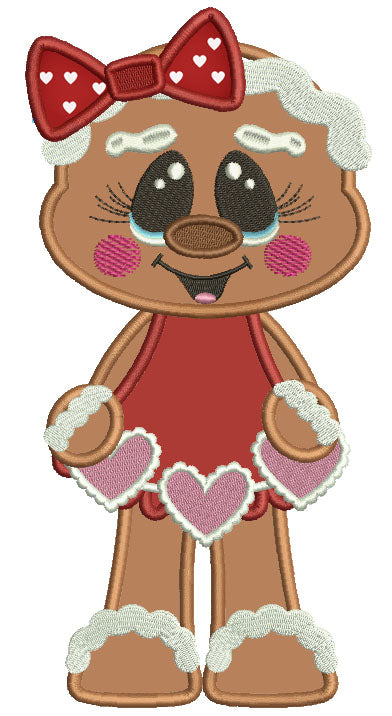 Gingerbread Girl With a Cute Bow Holding Hearts Applique Valentine's Day Machine Embroidery Design Digitized Pattern