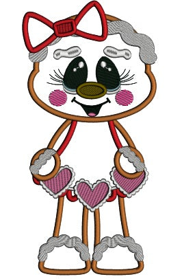 Gingerbread Girl With a Cute Bow Holding Hearts Applique Valentine's Day Machine Embroidery Design Digitized Pattern