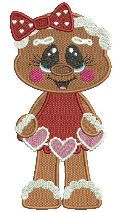 Gingerbread Girl With a Cute Bow Holding Hearts Filled Valentine's Day Machine Embroidery Design Digitized Pattern