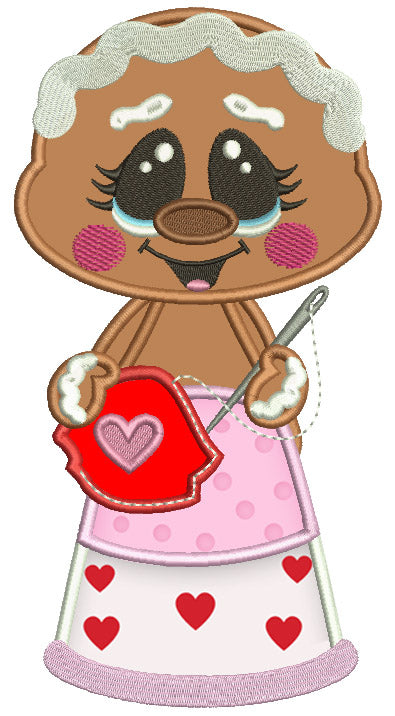 Gingerbread Girl With a Sewing Needle Applique Machine Embroidery Design Digitized Pattern
