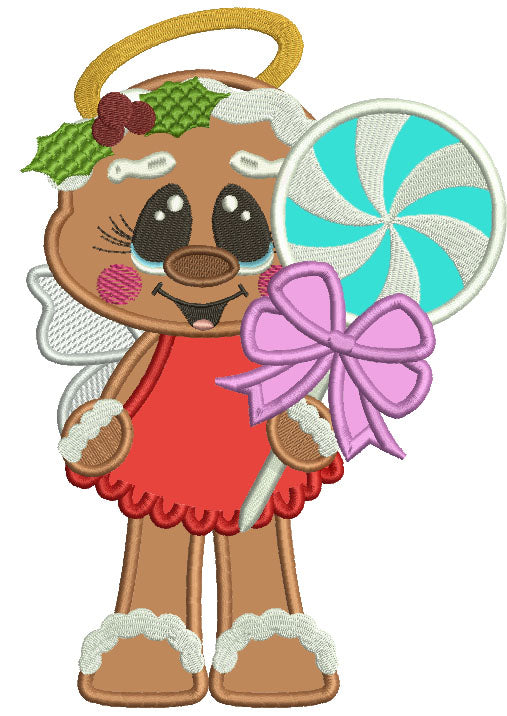 Gingerbread Man Angel Holding a Popsicle Applique Christmas Machine Embroidery Design Digitized Pattern