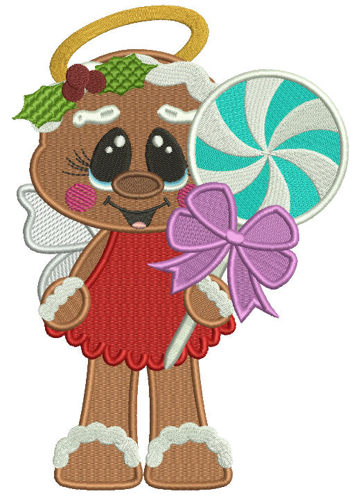Gingerbread Man Angel Holding a Popsicle Filled Christmas Machine Embroidery Design Digitized Pattern