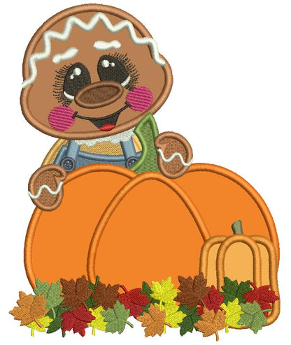 Gingerbread Man Behind a Huge Pumpkin Applique Filled Thanksgiving Machine Embroidery Design Digitized Pattern