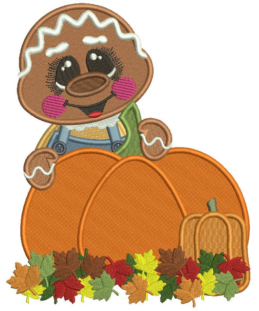 Gingerbread Man Behind a Huge Pumpkin Fall Filled Thanksgiving Machine Embroidery Design Digitized Pattern