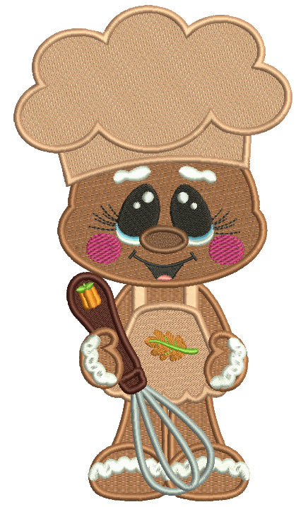 Gingerbread Man Cook Wearing Cute Apron Fall Filled Thanksgiving Machine Embroidery Design Digitized Pattern