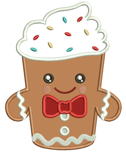 Gingerbread Man Cupcake Wearing a Big Red Bow Christmas Applique Machine Embroidery Design Digitized Pattern