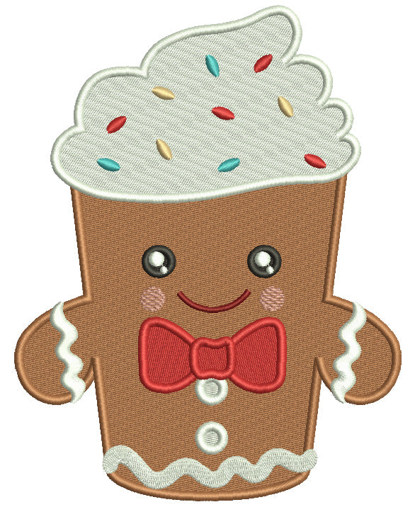 Gingerbread Man Cupcake Wearing a Big Red Bow Christmas Filled Machine Embroidery Design Digitized Pattern