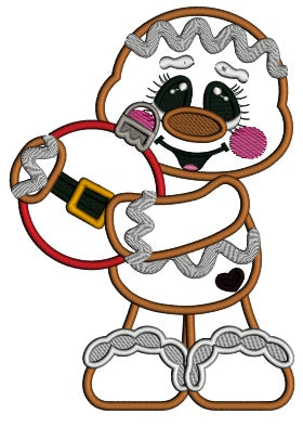 Gingerbread Man Holding CHristmas Ornament Applique Machine Embroidery Design Digitized Pattern