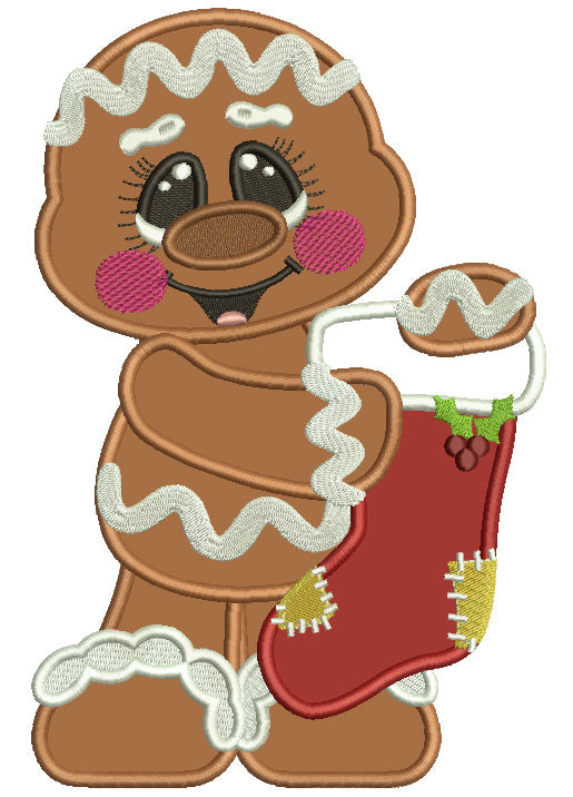 Gingerbread Man Holding Christmas Stocking Applique Machine Embroidery Design Digitized Pattern