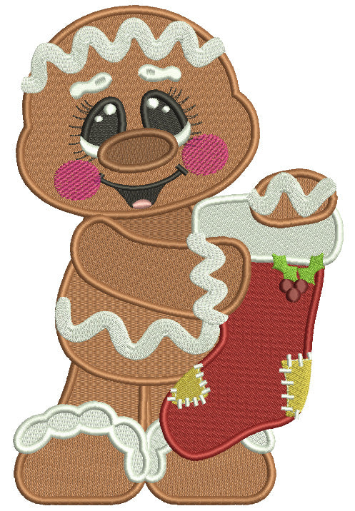 Gingerbread Man Holding Christmas Stocking Filled Machine Embroidery Design Digitized Pattern