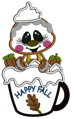 Gingerbread Man Holding Happy Fall Coffee Cup Applique Thanksgiving Machine Embroidery Design Digitized Pattern