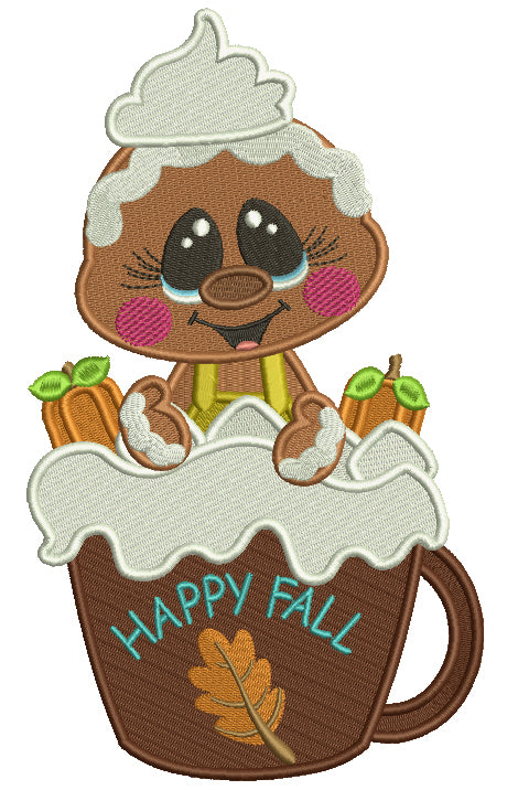 Gingerbread Man Holding Happy Fall Coffee Cup Filled Thanksgiving Machine Embroidery Design Digitized Pattern