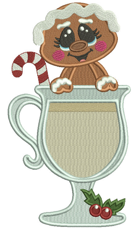 Gingerbread Man Holding Huge Cup of Hot Chocolate Christmas Filled Machine Embroidery Design Digitized Pattern