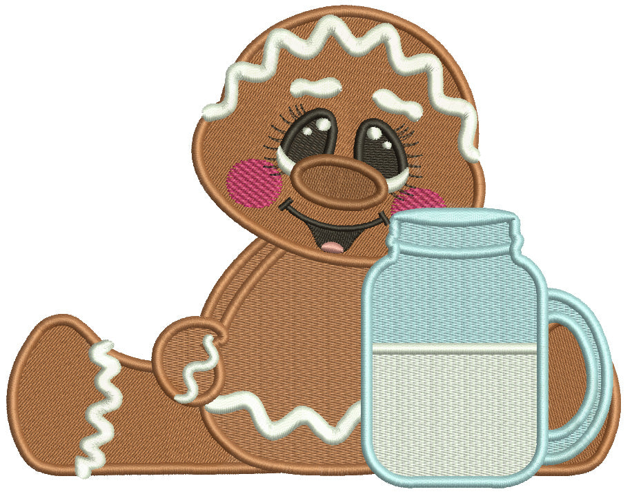 Gingerbread Man Holding Jar Of Milk Filled Machine Embroidery Design Digitized Pattern