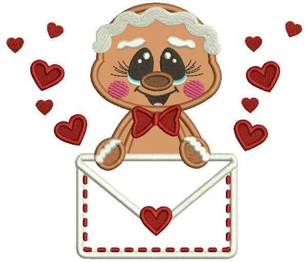 Gingerbread Man Holding Letter With Hearts Valentine's Applique Machine Embroidery Design Digitized Pattern
