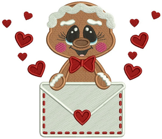 Gingerbread Man Holding Letter With Hearts Valentine's Filled Machine Embroidery Design Digitized Pattern