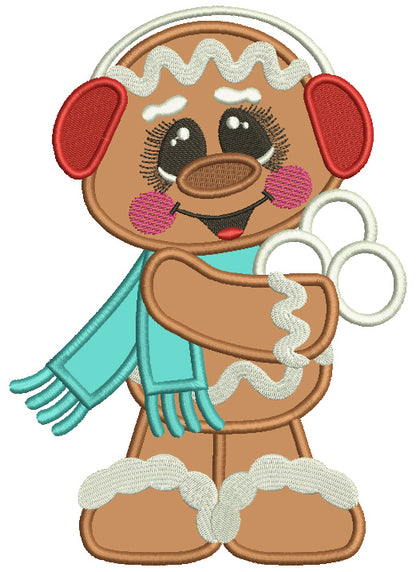 Gingerbread Man Holding Snowballs Applique Christmas Machine Embroidery Design Digitized Pattern