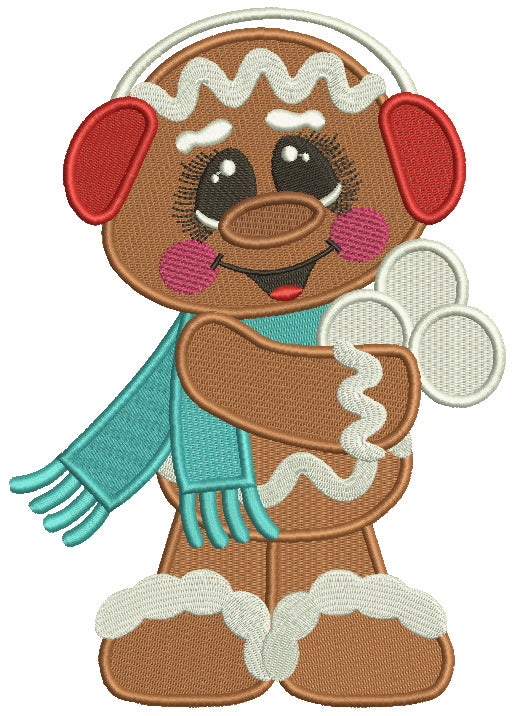 Gingerbread Man Holding Snowballs Filled Christmas Machine Embroidery Design Digitized Pattern