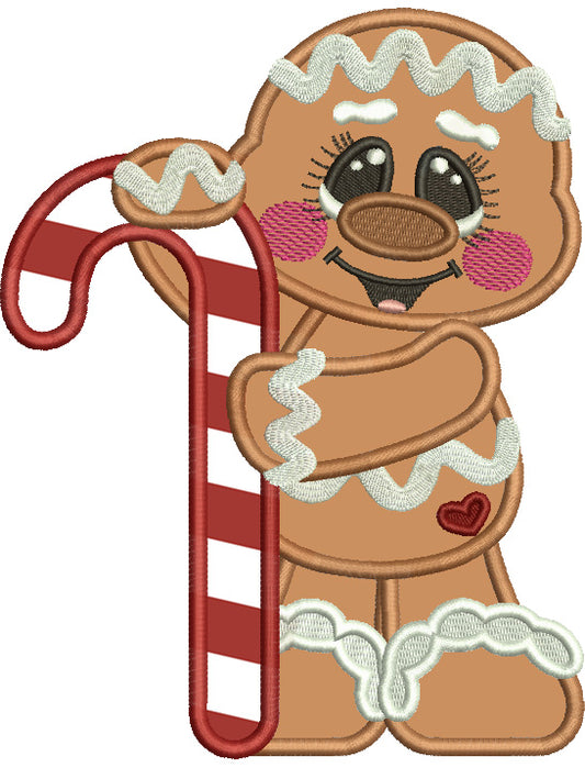 Gingerbread Man Holding Sugar Cane Candy Christmas Applique Machine Embroidery Design Digitized Pattern