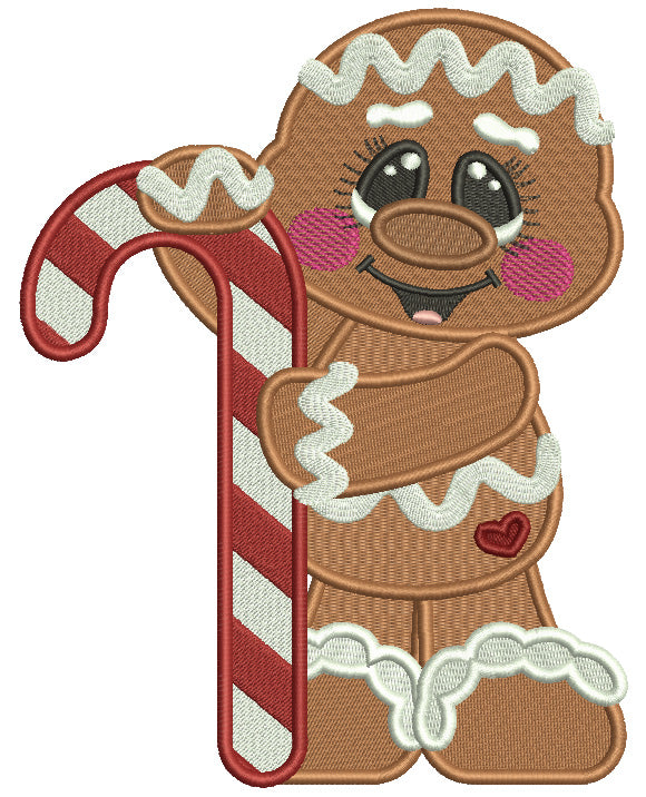 Gingerbread Man Holding Sugar Cane Candy Christmas Filled Machine Embroidery Design Digitized Pattern