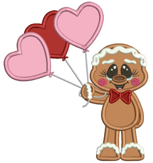 Gingerbread Man Holding Three Heart Shaped Balloons Valentines's Day Applique Machine Embroidery Design Digitized Pattern
