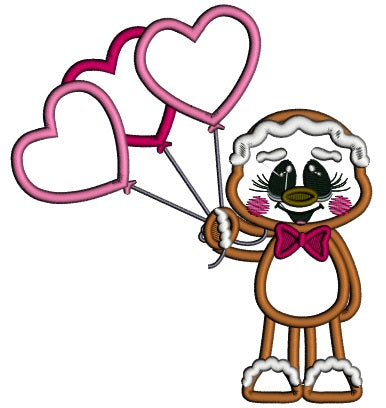 Gingerbread Man Holding Three Heart Shaped Balloons Valentines's Day Applique Machine Embroidery Design Digitized Pattern