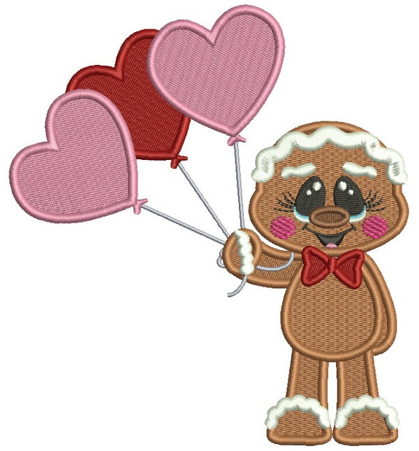 Gingerbread Man Holding Three Heart Shaped Balloons Valentines's Day Filled Machine Embroidery Design Digitized Pattern