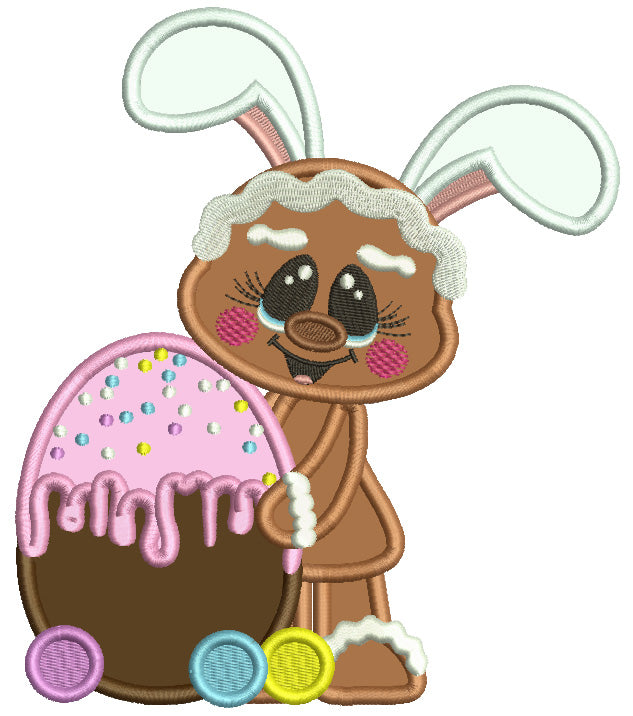 Gingerbread Man Holding a Big Chocolate Easter Egg Applique Machine Embroidery Design Digitized