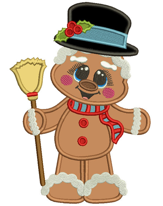 Gingerbread Man Holding a Broom Christmas Applique Machine Embroidery Design Digitized Pattern