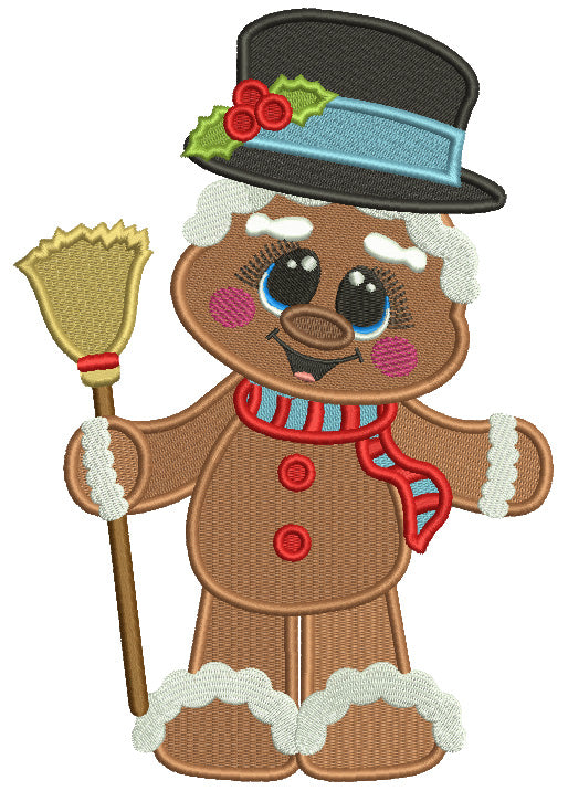 Gingerbread Man Holding a Broom Christmas Filled Machine Embroidery Design Digitized Pattern