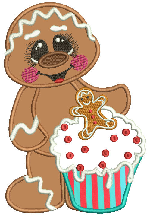 Gingerbread Man Holding a Cupcake Christmas Applique Machine Embroidery Design Digitized Pattern