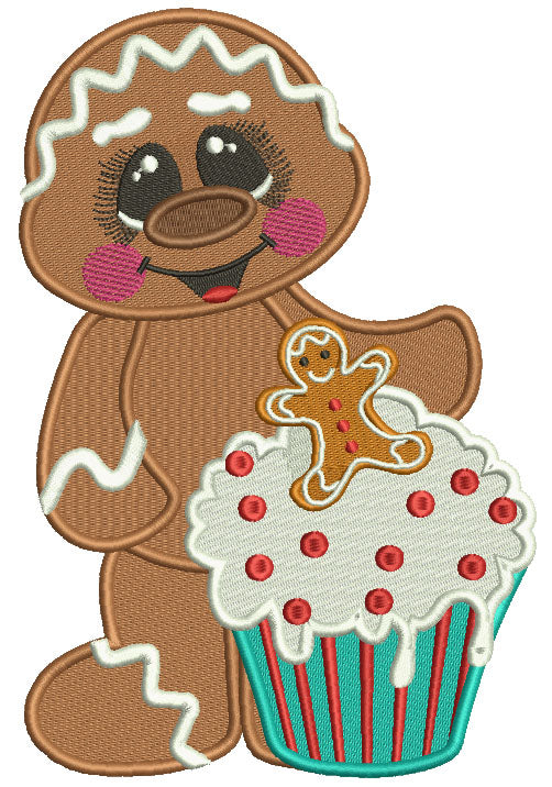 Gingerbread Man Holding a Cupcake Christmas Filled Machine Embroidery Design Digitized Pattern