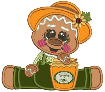 Gingerbread Man Holding a Pumpkin Butter Fall Thanksgiving Applique Machine Embroidery Design Digitized Pattern