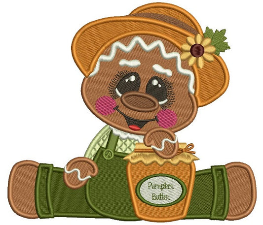 Gingerbread Man Holding a Pumpkin Butter Fall Thanksgiving Filled Machine Embroidery Design Digitized Pattern