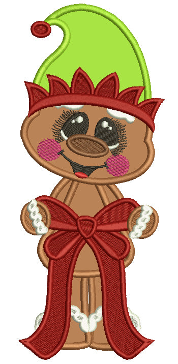 Gingerbread Man Holding a Ribbon Wearing Elf Hat Christmas Applique Machine Embroidery Design Digitized Pattern