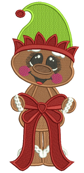 Gingerbread Man Holding a Ribbon Wearing Elf Hat Christmas Filled Machine Embroidery Design Digitized Pattern